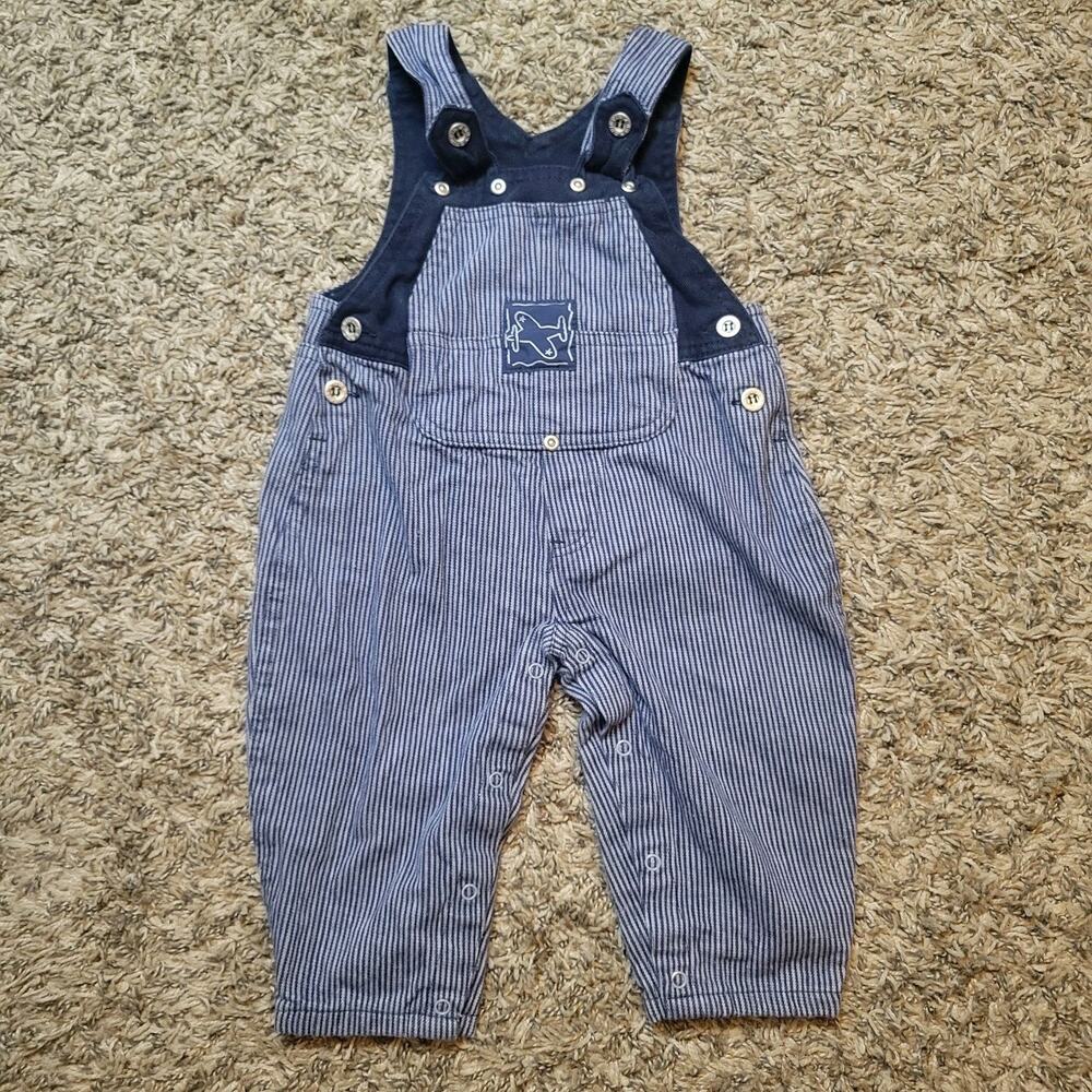 Vintage No Kidding Airplane Striped Overalls Dark Blue Poly Cotton 18M Bubble